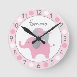 Mod Pink Elephant Personalised Nursery Wall Clock