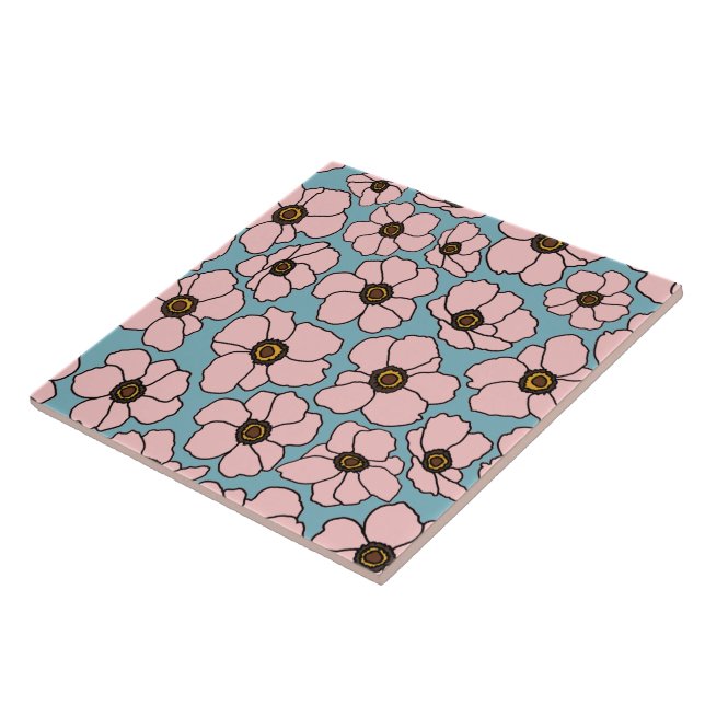 Mod Pink Flowers On Blue  Tile (Side)