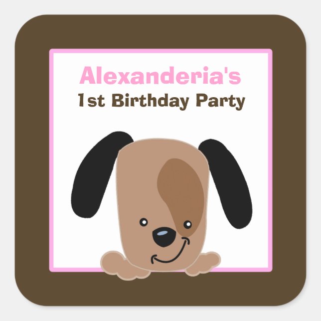 Mod Pink Puppy Square Favour Stickers (6 Large) (Front)