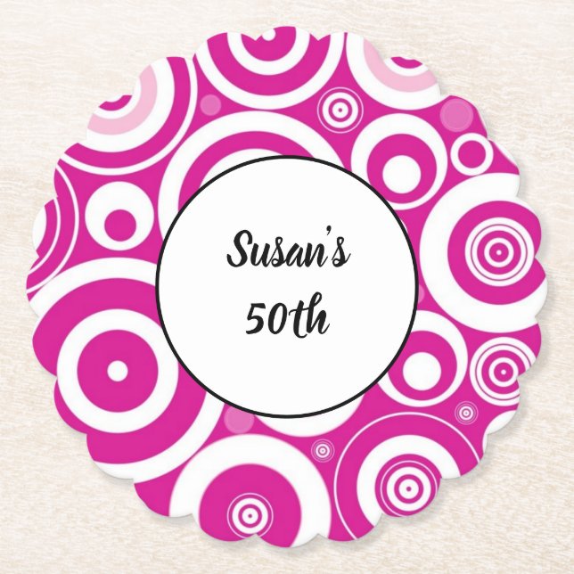 Mod Pink White Concentric Retro Circles 50th Bday Paper Coaster (Front)