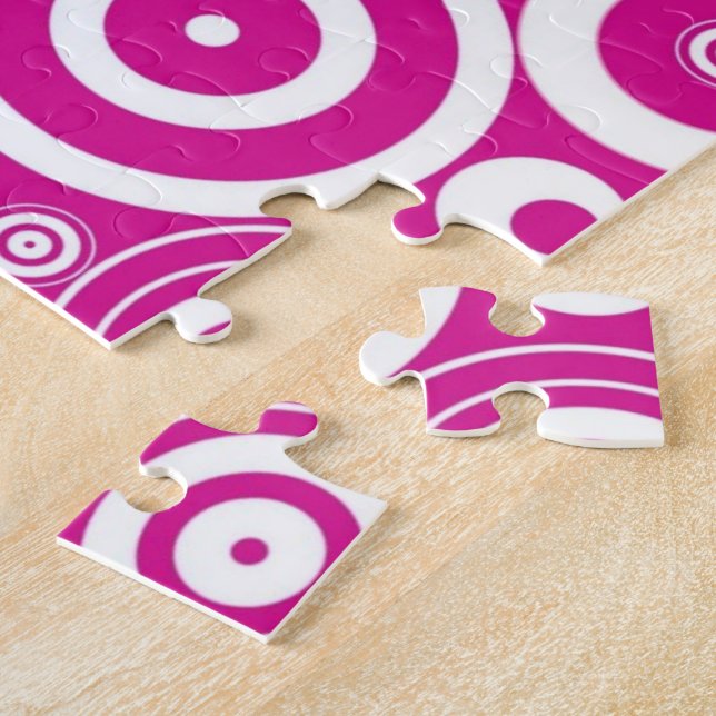 Mod Pink & White Concentric Retro Circles Jigsaw Puzzle (Side)