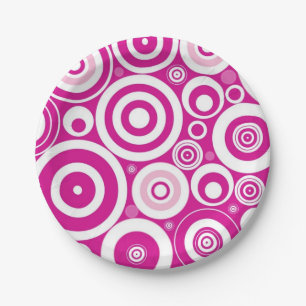 Mod Pink & White Concentric Retro Circles Paper Plate