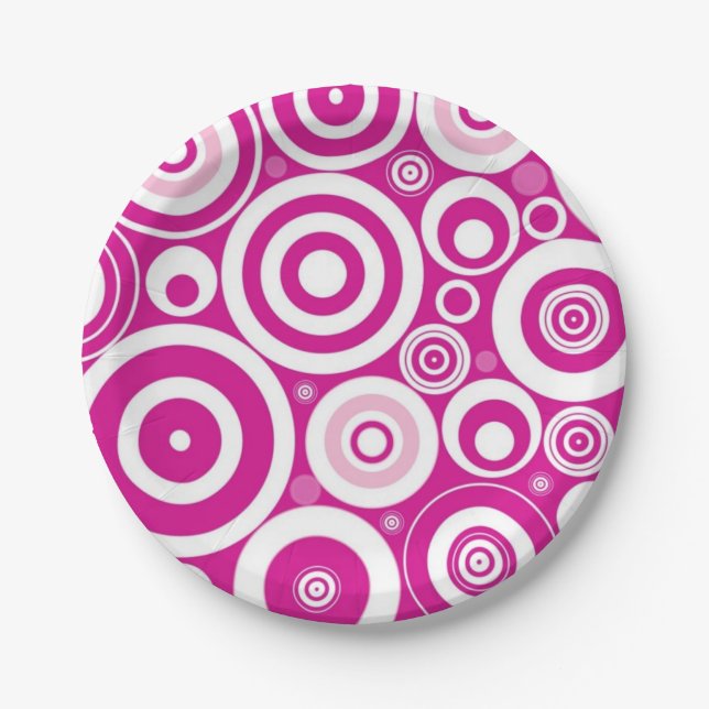 Mod Pink & White Concentric Retro Circles Paper Plate (Front)