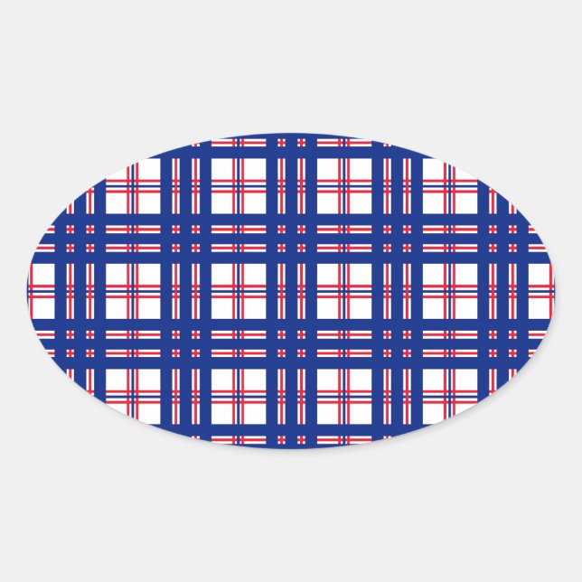 Mod Plaid Pattern Red White Blue Oval Sticker (Front)