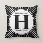 Mod Polka Dots Family Monogram Cushion<br><div class="desc">A modern large monogram in black and white,  on a circle shape surrounded in a classic black and white polka dot patterned background. Personalise with your family surname and wedding date for a stylish monogrammed throw pillow for any decor.</div>