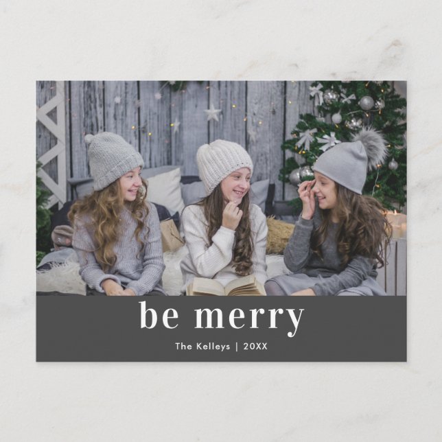 Mod Print, Be Merry Grey Holiday Postcard (Front)