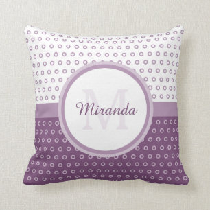 Mod Purple and White Polka Dots Monogram With Name Cushion