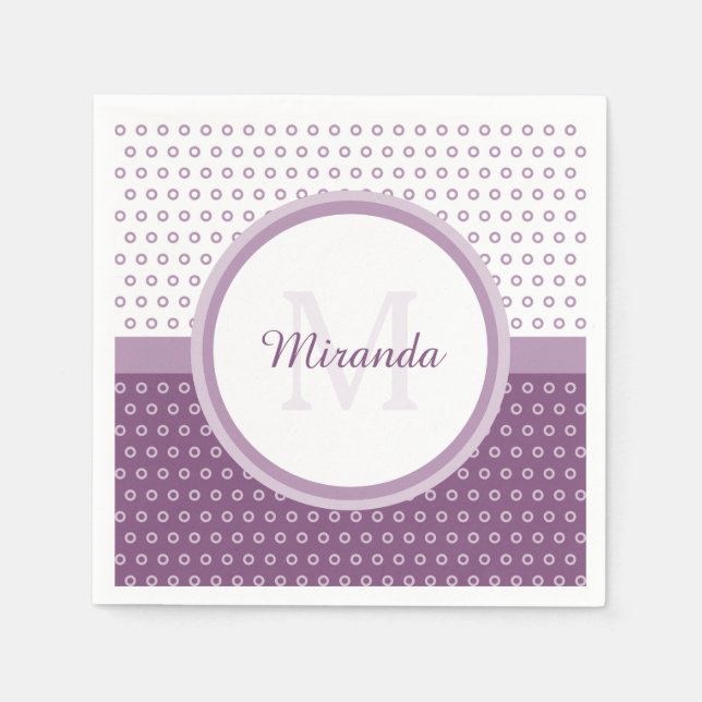 Mod Purple and White Polka Dots Monogram With Name Napkin (Front)