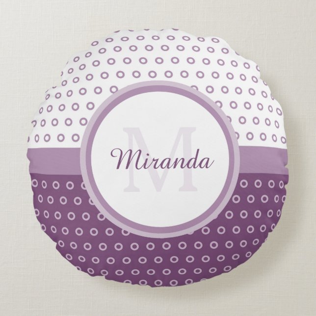 Mod Purple and White Polka Dots Monogram With Name Round Cushion (Front)