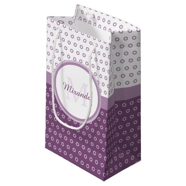 Mod Purple and White Polka Dots Monogram With Name Small Gift Bag (Front Angled)