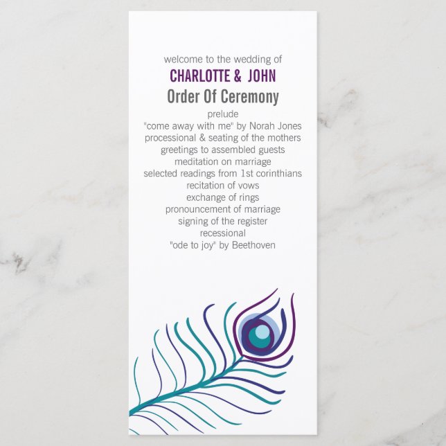 Mod purple, teal blue peacock wedding programs programme (Front)