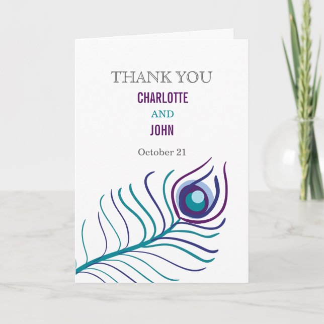 Mod purple, teal blue peacock wedding Thank You (Front)