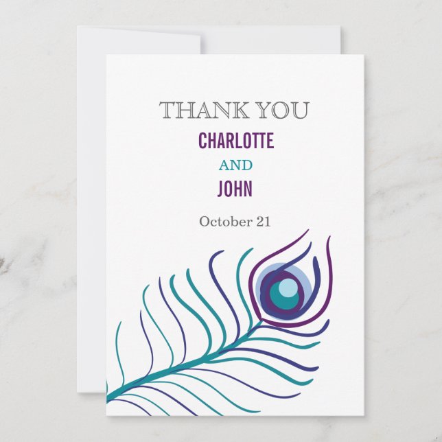 Mod purple, teal blue peacock wedding Thank You Invitation (Front)