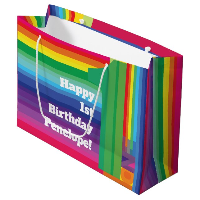 Mod Rainbow Colourful 1st Birthday Party Large Gift Bag (Front Angled)