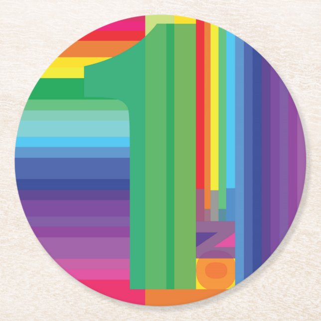 Mod Rainbow Colourful 1st Birthday Party Round Paper Coaster (Front)