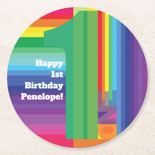 Mod Rainbow Colourful 1st Birthday Party Round Paper Coaster (Front)