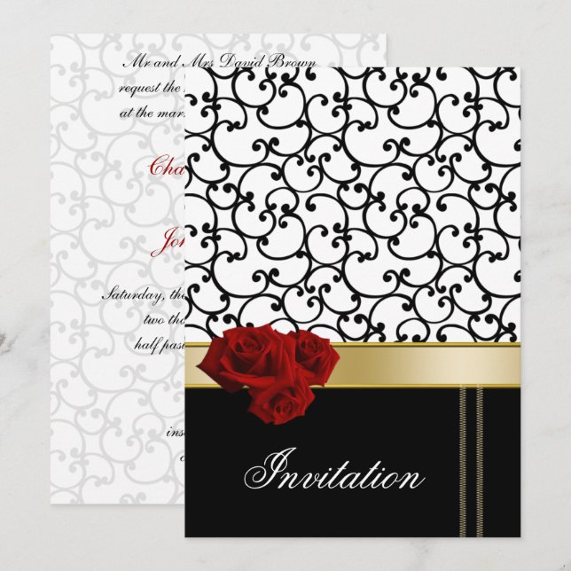 mod red roses damask wedding invitation (Front/Back)