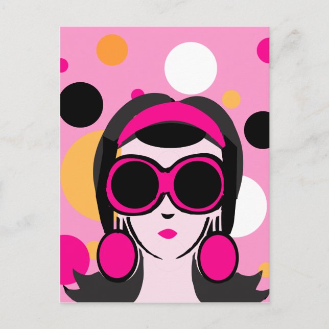 Mod Retro Girl Hot Pink Big Sunglasses Postcard (Front)