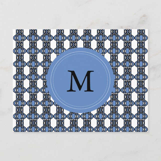 Mod Retro Monogram Blue Abstract Scarab Pattern Postcard (Front)
