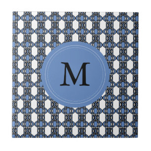 Mod Retro Monogram Blue Abstract Scarab Pattern Tile
