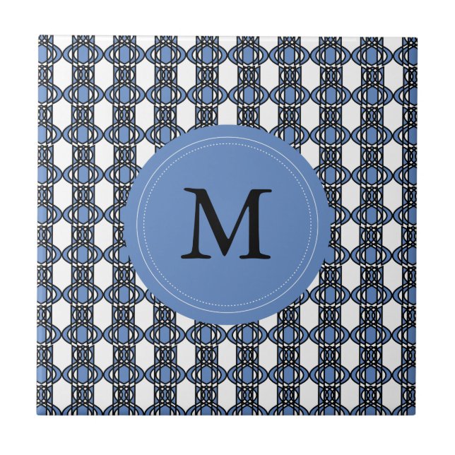 Mod Retro Monogram Blue Abstract Scarab Pattern Tile (Front)