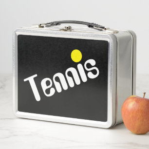 Mod Slant White Yellow TENNIS Text On Cool Black Metal Lunch Box