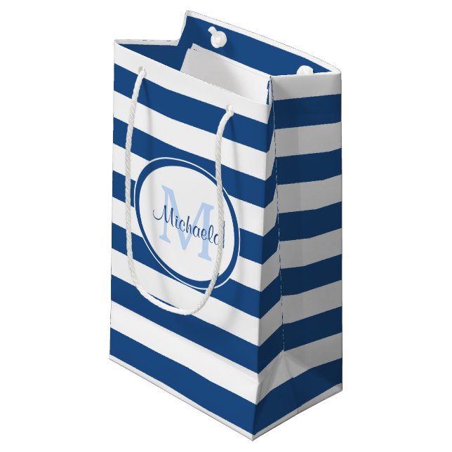 Mod Stripes and Dressy Dark Blue Monogrammed Name Small Gift Bag (Front Angled)