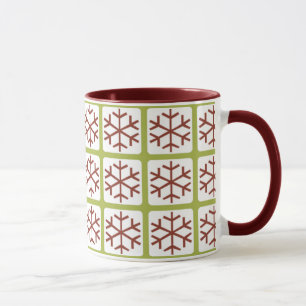Mod Style Red Green Snowflake Pattern Holiday Mugs