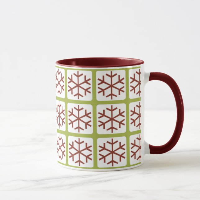 Mod Style Red Green Snowflake Pattern Holiday Mugs (Right)