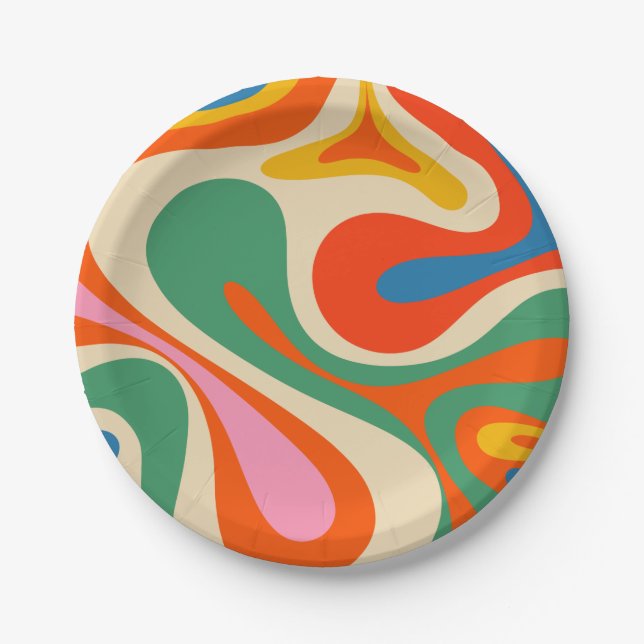 Mod Swirl Retro Trippy Colourful Abstract Pattern Paper Plate (Front)