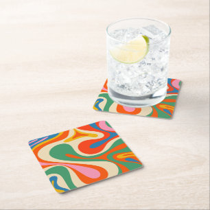 Mod Swirl Retro Trippy Colourful Abstract Pattern Square Paper Coaster