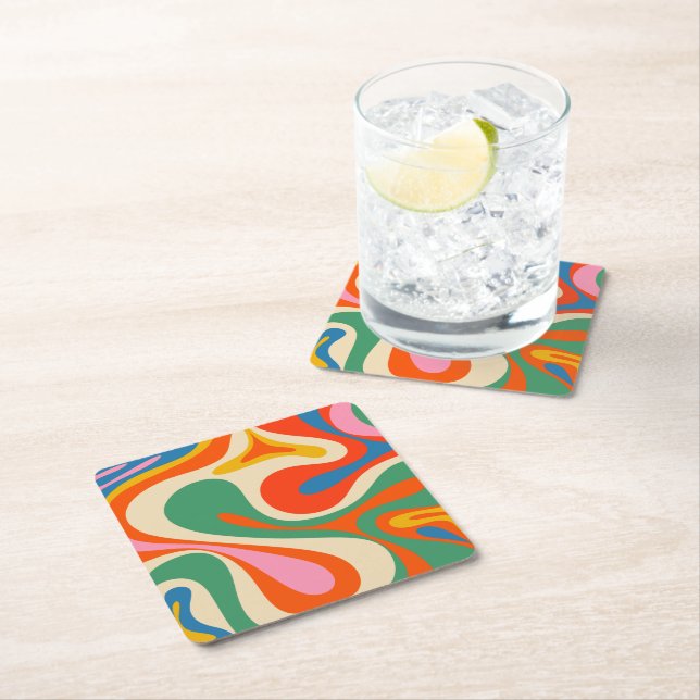 Mod Swirl Retro Trippy Colourful Abstract Pattern Square Paper Coaster (Insitu)