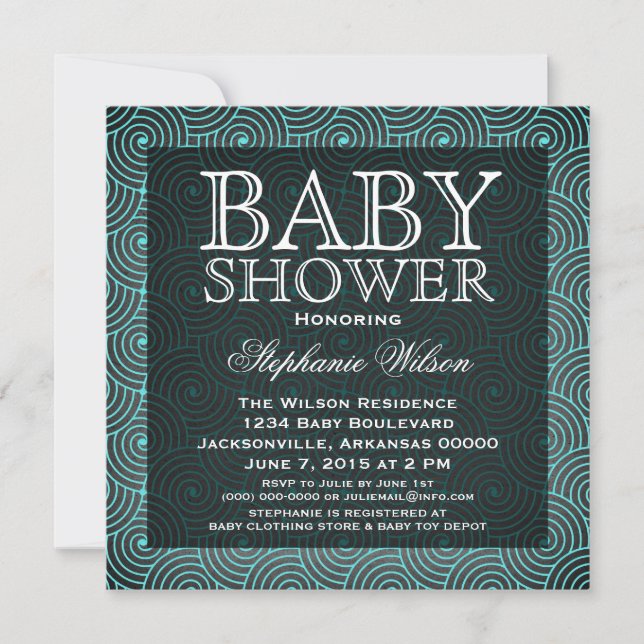 Mod Swirls Baby Shower Invite, Aqua Invitation (Front)