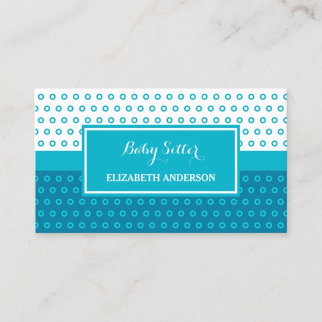 Mod Turquoise and White Polka Dots Babysitter Business Card (Front)