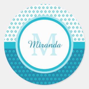 Mod Turquoise Blue Polka Dots Monogram With Name Classic Round Sticker