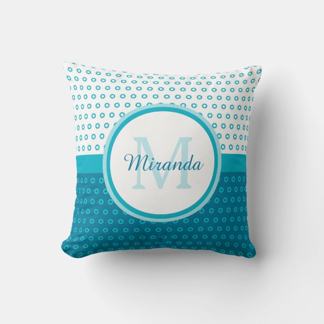 Mod Turquoise Blue Polka Dots Monogram With Name Cushion (Front)