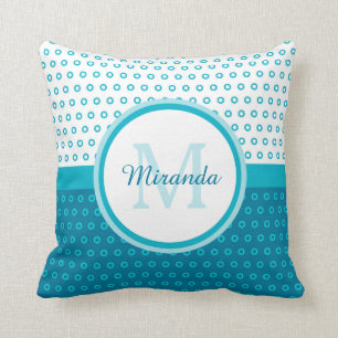 Mod Turquoise Blue Polka Dots Monogram With Name Cushion