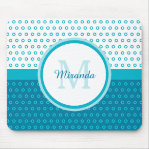 Mod Turquoise Blue Polka Dots Monogram With Name Mouse Mat