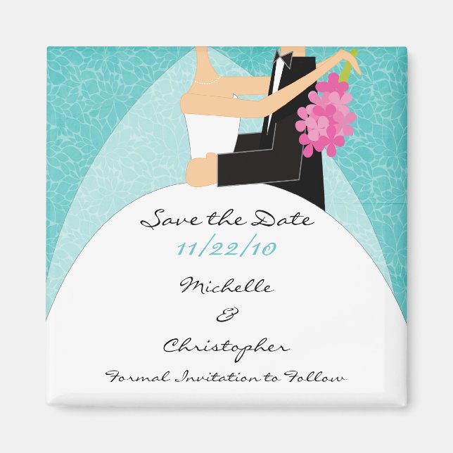 Mod turquoise Bride & Groom Save The Date Magnet (Front)