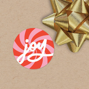Mod Wavy Groovy Christmas Pink Red Joy Script Classic Round Sticker