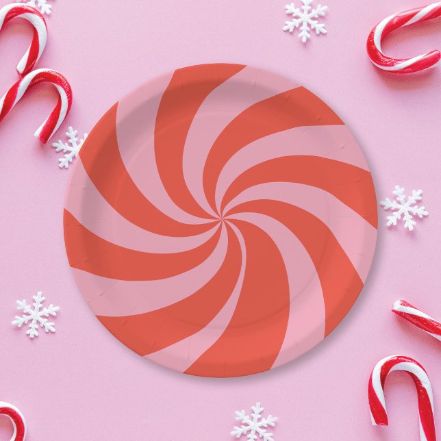 Mod Wavy Retro Christmas Candy Pink Red Holiday Paper Plate (Creator Uploaded)