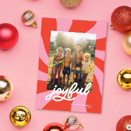 Mod Wavy Retro Christmas Pink Red Photo Holiday Card