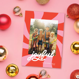 Mod Wavy Retro Christmas Pink Red Photo Holiday Card