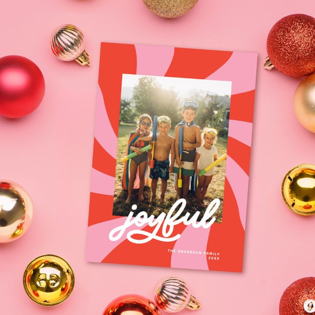 Mod Wavy Retro Christmas Pink Red Photo Holiday Card (Creator Uploaded)