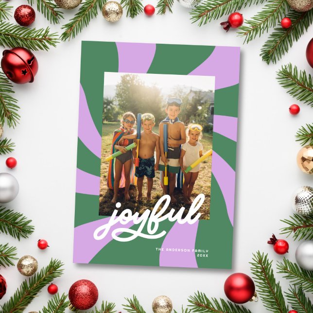 Mod Wavy Retro Groovy Colourful Photo Lilac + Gree Holiday Card (Creator Uploaded)