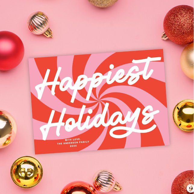 Mod Wavy Retro Pink Red Christmas Non-Photo Holiday Card (Creator Uploaded)