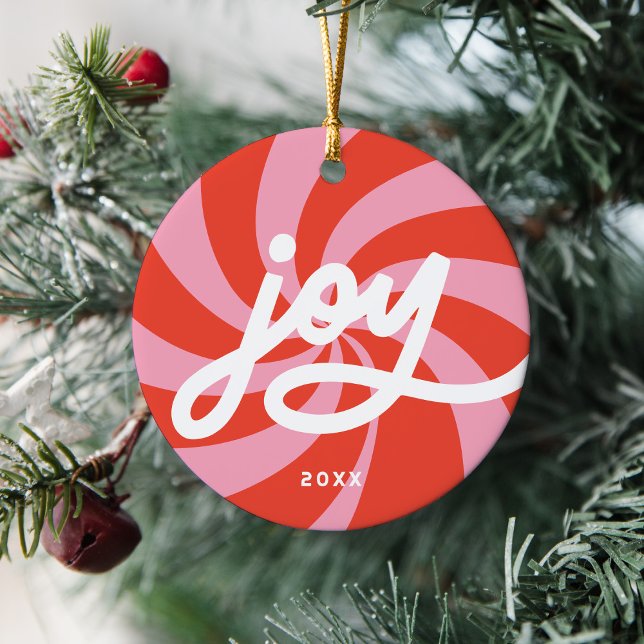 Mod Wavy Retro Pink Red Christmas Photo Holiday Ceramic Tree Decoration (Creator Uploaded)