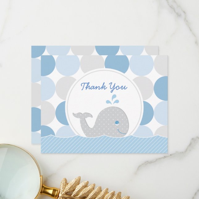 Mod Whale Baby Boy Shower Blue & Grey Dots Thank You Card (Front/Back In Situ)