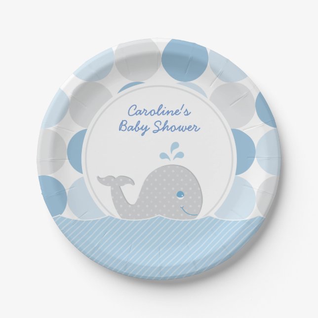 Mod Whale Baby Boy Shower Blue & Grey Paper Plate (Front)