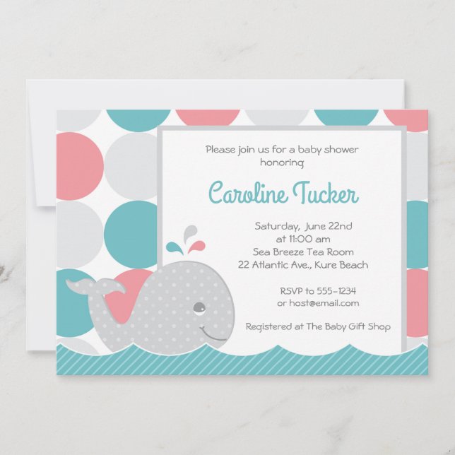 Mod Whale Coral & Teal Baby Shower Invitation (Front)